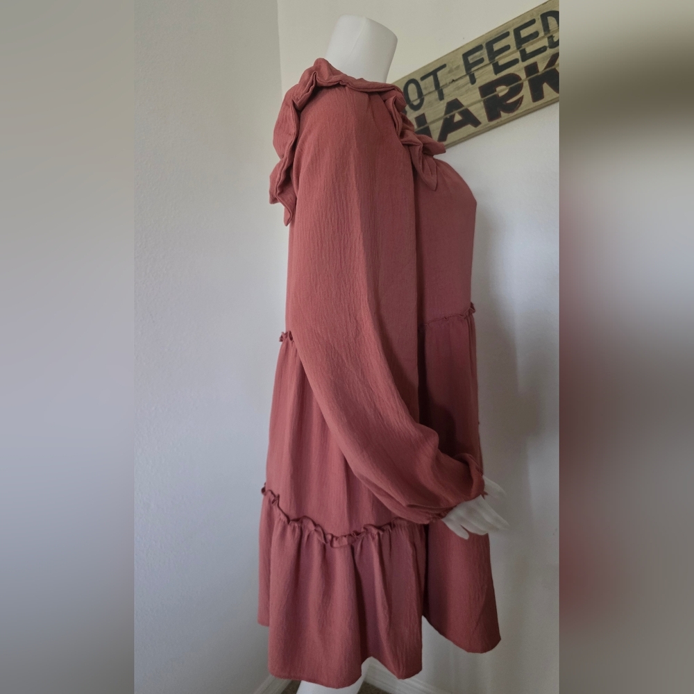 NWT Oddi Long Balloon Sleeve Knee Length Ruffled A - Line Boho Dress Size L - Picture 2 of 7